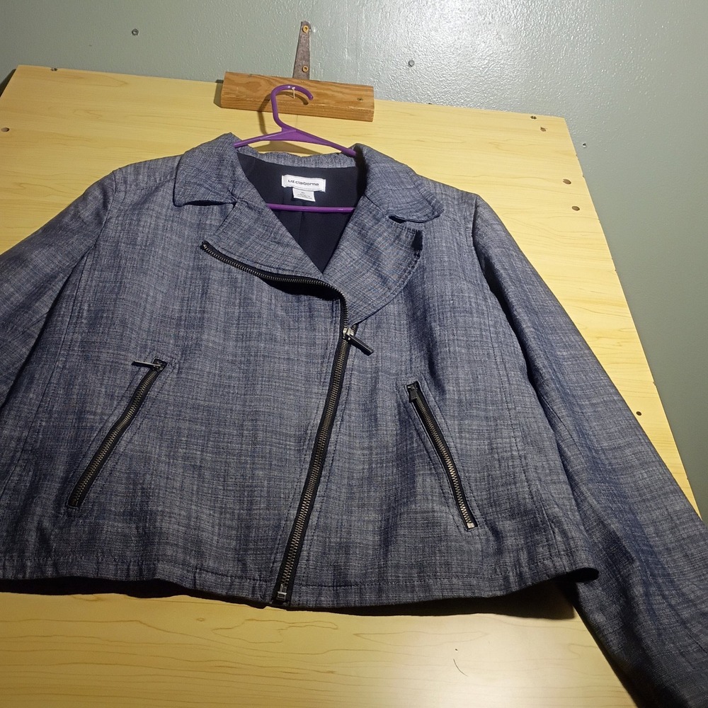 Liz Claiborne Moto Jacket Women XL Blue Asymmetrical Zip Cotton Coat